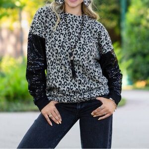 Leopard Print Sequin Sleeve Top